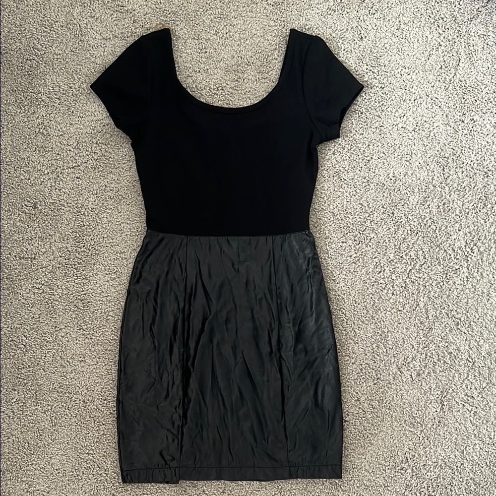 Chic Black Dress with Leather Skirt